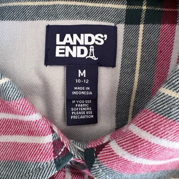 LANDS END Tartan Plaid Cotton Flannel Button Shirt Medium 10-12 Red Green Blue - Picture 2 of 12